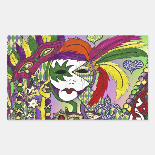 Sticker Rectangulaire Masque à plumes de Mardi Gras psychédélique (Devant)