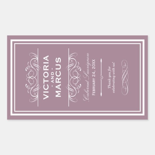 Sticker Rectangulaire Mauve Elégant Mariage Monogramme Bouteille de vin (Devant)