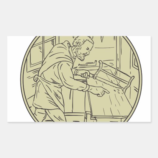 Sticker Rectangulaire Médieval carpenter Sawing Wood Circle Retro (Devant)