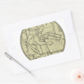 Sticker Rectangulaire Médieval carpenter Sawing Wood Circle Retro (Enveloppe)