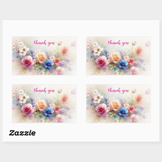 Sticker Rectangulaire Merci Élégant Art Moderne de Fleurs à l'Aquarelle (Feuille)