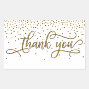 Sticker Rectangulaire Merci Elegant Script, Paillettes Dorées & Confetti