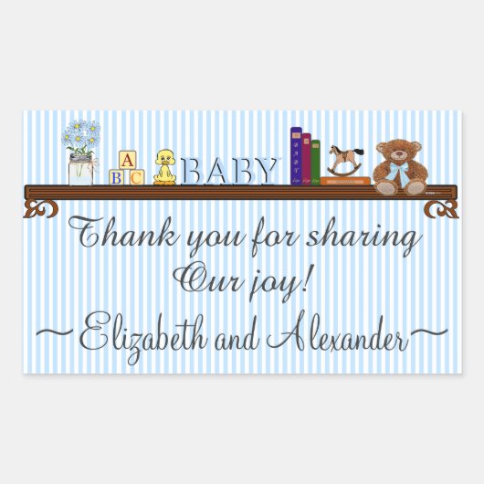 Sticker Rectangulaire Merci en Baby shower rayé bleu mou (Devant)