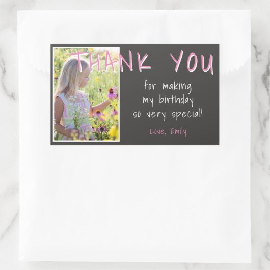 Sticker Rectangulaire Merci photo de fille rose gris Favoriser (Sac)