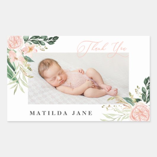 Sticker Rectangulaire Merci photo faire-part de naissance floral (Devant)