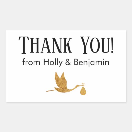 Sticker Rectangulaire Merci simple Faux Gold Stork ! Baby shower (Devant)