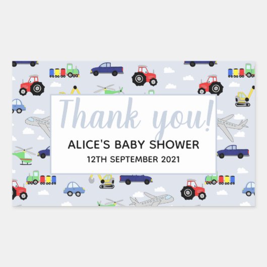 Sticker Rectangulaire Merci Transport Motif Baby shower garçon (Devant)