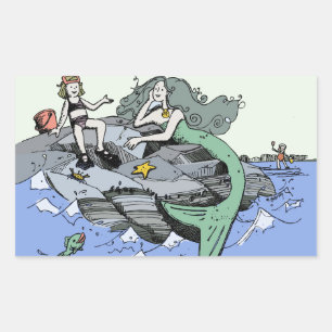 Sticker Rectangulaire Mermaid littoral mignon dessin animé plage art pou