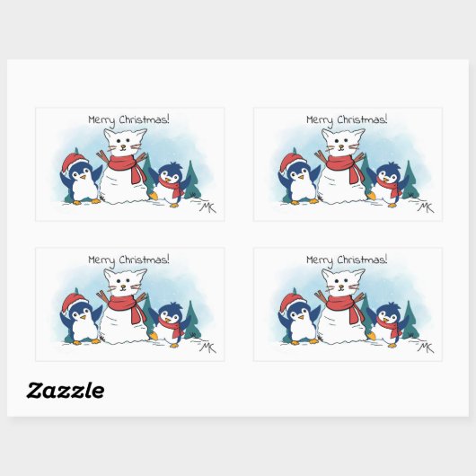 Sticker Rectangulaire Merry Christmas Penguins building a Snow Cat (Feuille)