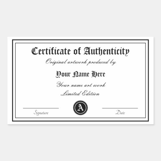 Sticker Rectangulaire Modèle de certificat d'authenticité art véritable (Devant)