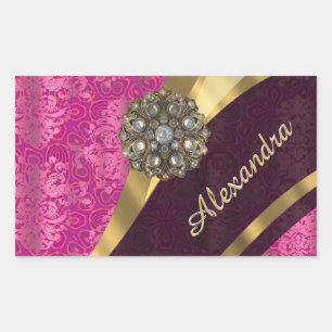 Sticker Rectangulaire Modèle de damas rose girly personnalisé