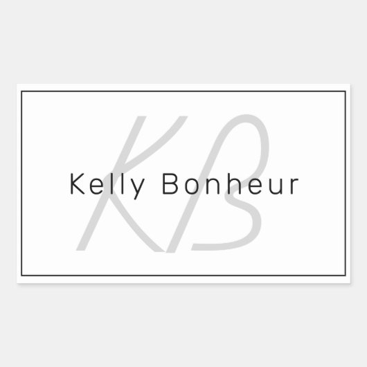 Sticker Rectangulaire Moderne Blanc Gris & Noir | Nom Cool & Monogramme (Devant)