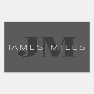 Sticker Rectangulaire Moderne Gris Foncé & Noms et Monogrammes Modifiabl