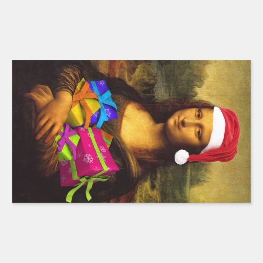 Sticker Rectangulaire Mona Lisa Arrive Comme Père Noël (Devant)