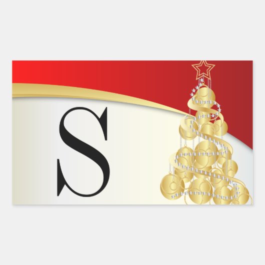 Sticker Rectangulaire Monogram Gold & Red Merry Christmas (Devant)