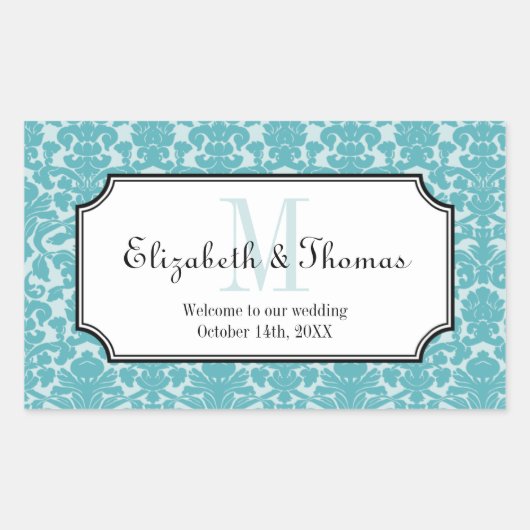 Sticker Rectangulaire Monogramme bleu damas cadre de la ville sac cadeau (Devant)