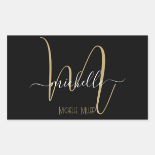 Sticker Rectangulaire monogramme en or noir élégant nom commercial initi