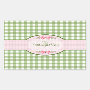 Sticker Rectangulaire Monogramme En vichy Vert Fille Avec Nom