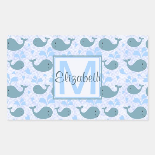 Sticker Rectangulaire Monogramme Motif de baleines bleues mignonnes (Devant)