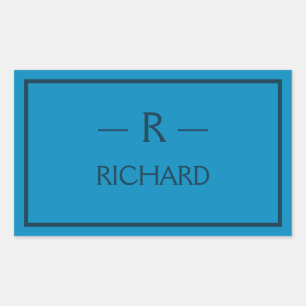 Sticker Rectangulaire Monogramme Nom bleu moderne minimaliste
