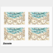 Sticker Rectangulaire Monogrammes Coeurs sur la plage Économisez la date (Feuille)