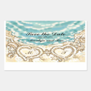 Sticker Rectangulaire Monogrammes Coeurs sur la plage Économisez la date