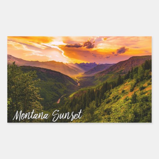 Sticker Rectangulaire Montana Sunset Mountain Valley River and Trees (Devant)