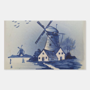 Sticker Rectangulaire Moulin à vent bleu blanc de Delft vintage