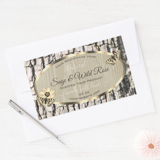 Sticker Rectangulaire Nature Beige Tree Bark Gold Frame Produits Étiquet (Enveloppe)