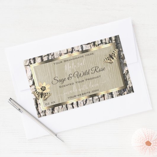 Sticker Rectangulaire Nature Beige Tree Bark Gold Frame Produits Étiquet (Enveloppe)
