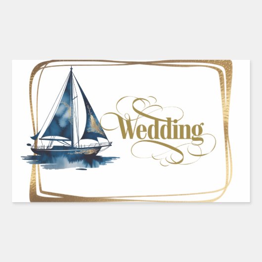 Sticker Rectangulaire Navy and Gold Nautical Boat Gold Frame Wedding (Devant)