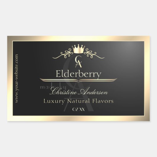 Sticker Rectangulaire Noble Black Product Label with Gold Frame Monogram (Devant)