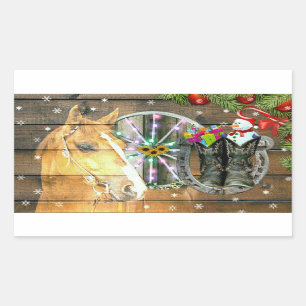 Sticker Rectangulaire Noël Cheval Wagon Roue Cowboy Bottes Garland