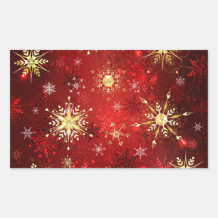 Sticker Rectangulaire Noël Golden Snowflakes sur Arrière - plan rouge