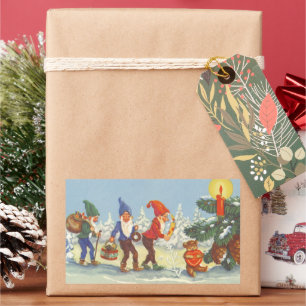 Sticker Rectangulaire Noël vintage, Elfes dans la forêt enneigée d'hiver