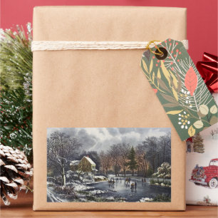 Sticker Rectangulaire Noël Vintage, Patins d'hiver précoce sur un étang