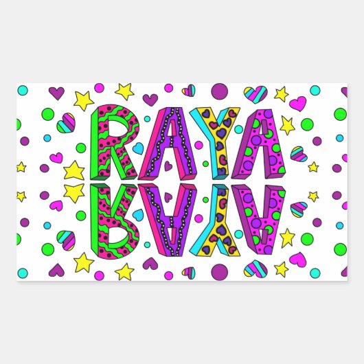 Sticker Rectangulaire Nom de la fille Raya avec les étoiles et les coeur (Devant)