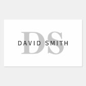 Sticker Rectangulaire Nom et monogramme modernes | Blanc noir et gris (Devant)