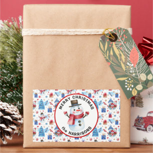 Sticker Rectangulaire Nom, Joyeux Noël, Motif Retro Snowman