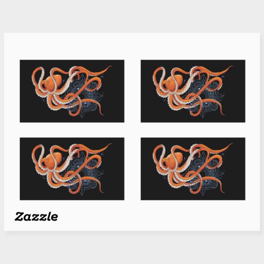 Sticker Rectangulaire Octopus Orange Mandala bleu (Feuille)