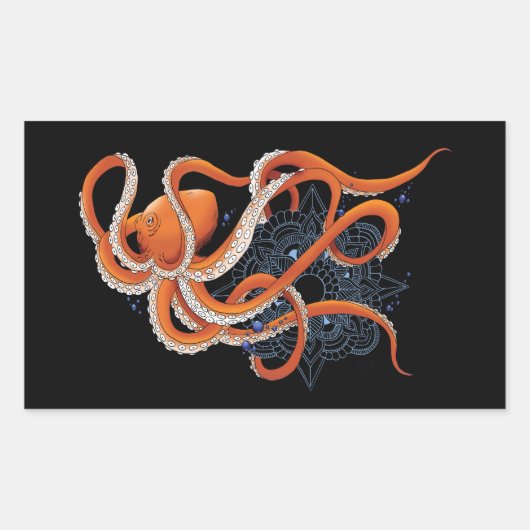 Sticker Rectangulaire Octopus Orange Mandala bleu (Devant)