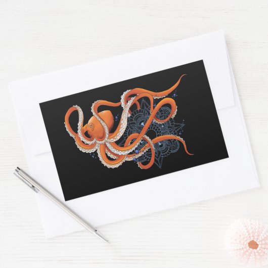 Sticker Rectangulaire Octopus Orange Mandala bleu (Enveloppe)