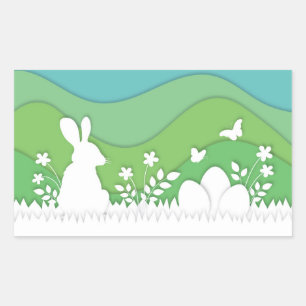 Sticker Rectangulaire OEufs de lapin de Pâques découpe de papier fêtes d