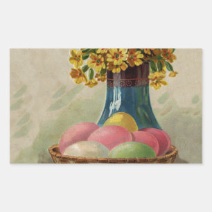Sticker Rectangulaire Oeufs Pâques Panier Fleurs Antique