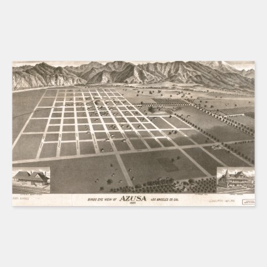 Sticker Rectangulaire Oiseau's Eye View of Azusa, Californie (1887) (Devant)