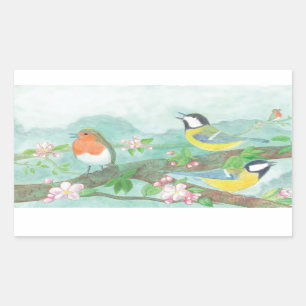 Sticker Rectangulaire Oiseaux chantant sur une branche d'arbre en fleurs