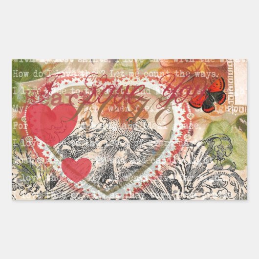 Sticker Rectangulaire Oiseaux de l'amour Cœur Rouge Collage d'art (Devant)