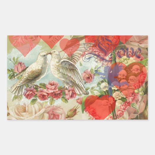 Sticker Rectangulaire Oiseaux de l'amour Vintage Antique Cœur (Devant)