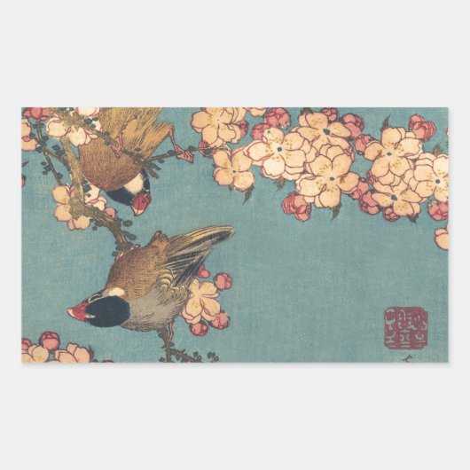 Sticker Rectangulaire Oiseaux Fleurs Hokusai Art Japonais (Devant)
