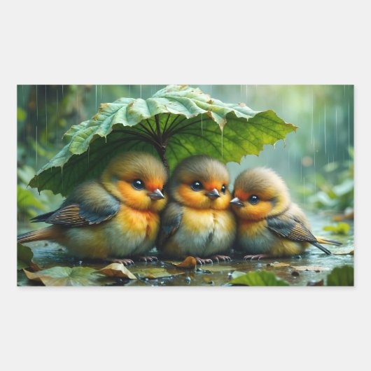 Sticker Rectangulaire Oiseaux mignons et duveteux sous la pluie (Devant)